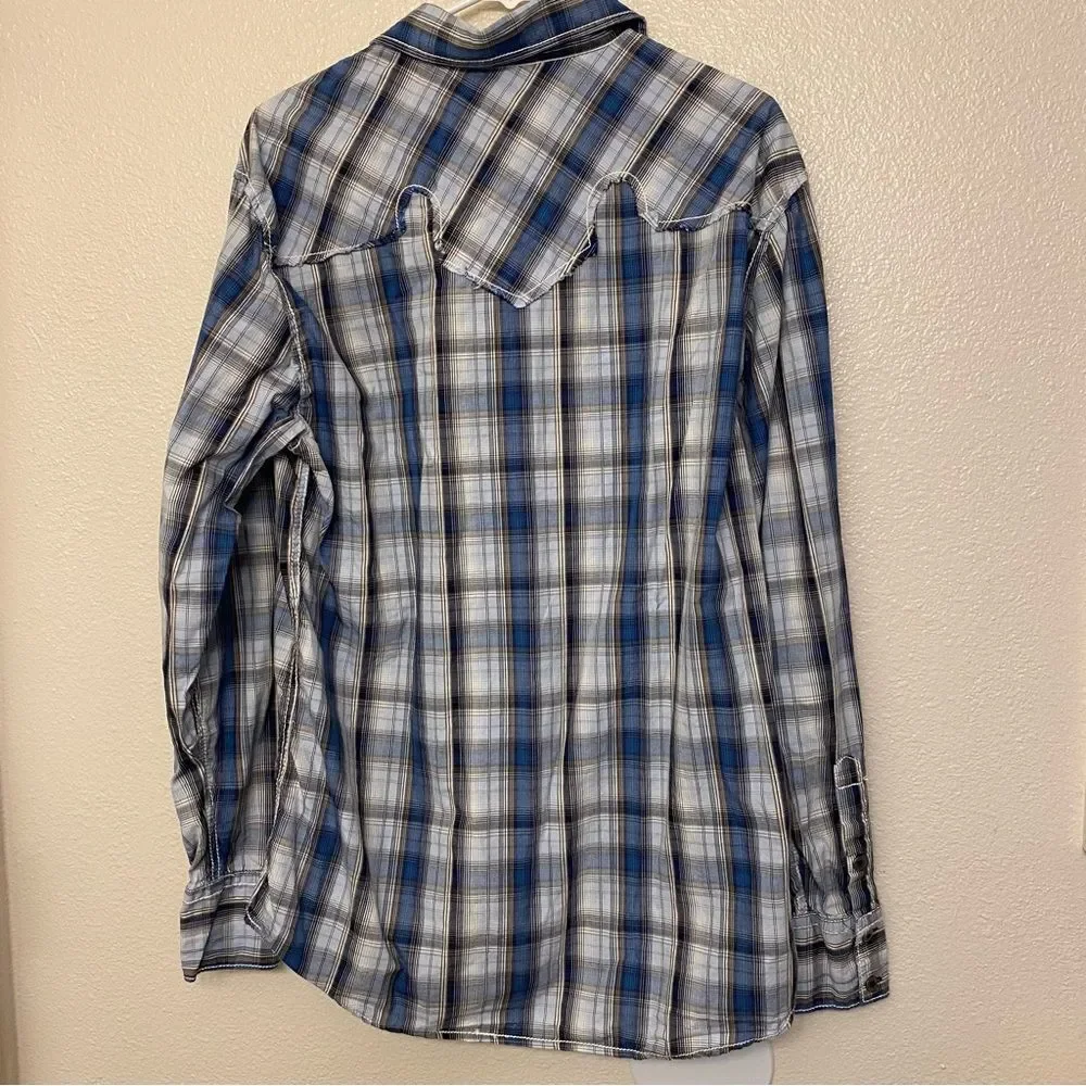 Buckle BKE athletic fit blue plaid thick stitch button up Western cotton shirt L - Picture 2 of 10